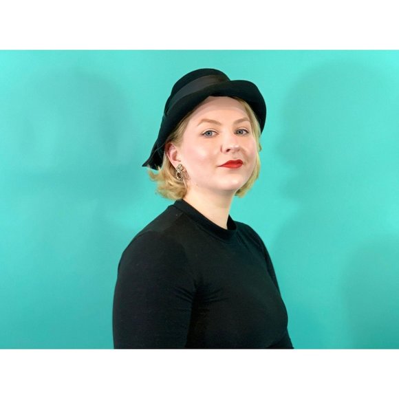 Vintage 1950s Black Fedora Henry Pollak Satin Bow Bucket Hat - Picture 5 of 10